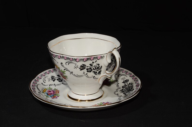 ROYAL ALBERT Damask Footed Teacup and saucer pink floral 2694 flower Gold Rimmed England Vintage Bone China Malvern Shape image 3