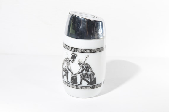 Vintage Big Sugar Dispenser milk glass metal lid Camping Barbecue BBQ black on white Greek mythology