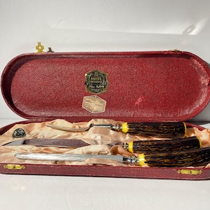 Sheffield Cutlery 3 piece carving set stainless fork sharpening rod knife bakelite handles England in red case Burns Pan-Am-Ex Fine Canada