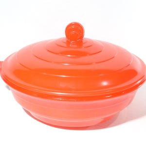 Glasbake 55 art deco orange Casserole Dish baking dish skyscraper button lid chips on button lid hard to find ot