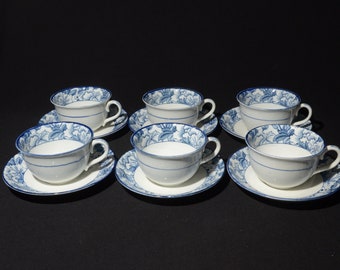 Set of 5 Wood & Sons teacup and saucer in the Patricia pattern vintage England Wood Ware Enoch Blue floral Blue rim CRAZING