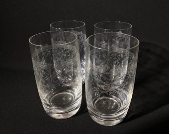 Set of 4 Vintage Etched Highball Glass Tumbler Band and Floral Swag Garland Drinking glass 5.25" Crystal mousseline elegant