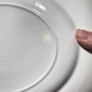 May include: Close-up of a white ceramic plate with a cracked, aged appearance. The plate has a raised rim and a smooth, glossy surface. The cracks create a unique, vintage aesthetic. A finger is visible on the right side of the plate.