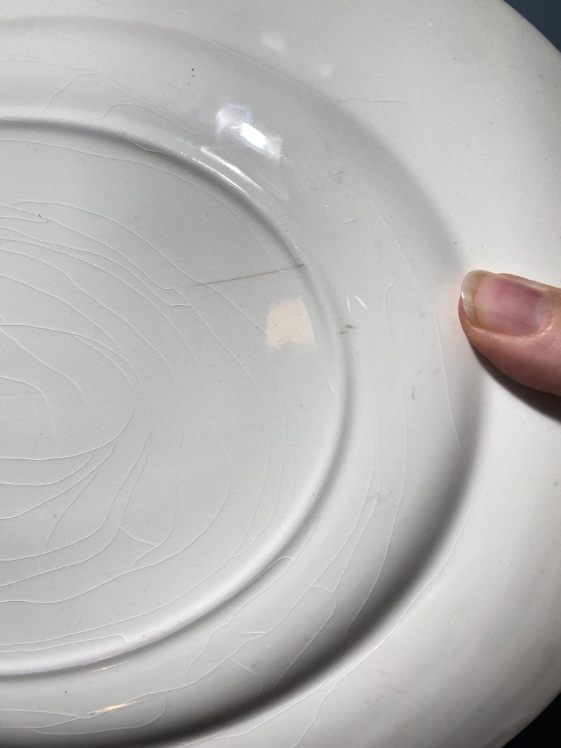 May include: Close-up of a white ceramic plate with a cracked, aged appearance. The plate has a raised rim and a smooth, glossy surface. The cracks create a unique, vintage aesthetic. A finger is visible on the right side of the plate.