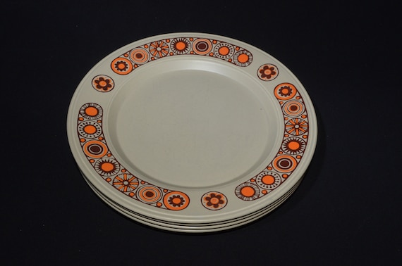 Vintage Kiln Craft Bacchus Staffordshire  set of 4 dinner plate 10 inches England tan brown orange