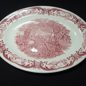 Grindley large oval plate platter Scenes After Constable red transferware 12-1/2 super vitrified Hotelware England WH Grindley image 1