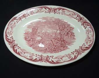 Grindley large oval plate platter Scenes After Constable red transferware 12-1/2" super vitrified Hotelware England WH Grindley