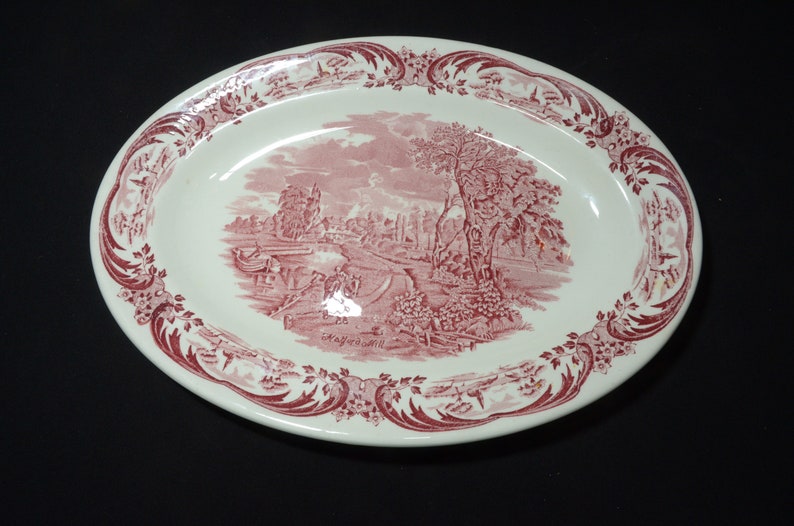 Grindley large oval plate platter Scenes After Constable red transferware 12-1/2 super vitrified Hotelware England WH Grindley image 1
