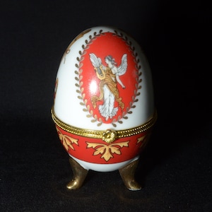 VINTAGE Egg Trinket Box Pill Box Earring Box Vintage Box ceramic Faberge Egg Style keepsake white angel red lyre Easter ot