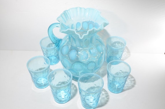 Fenton Blue Opalescent Coin Spot Dot Glass Pitcher 6 Tumbler