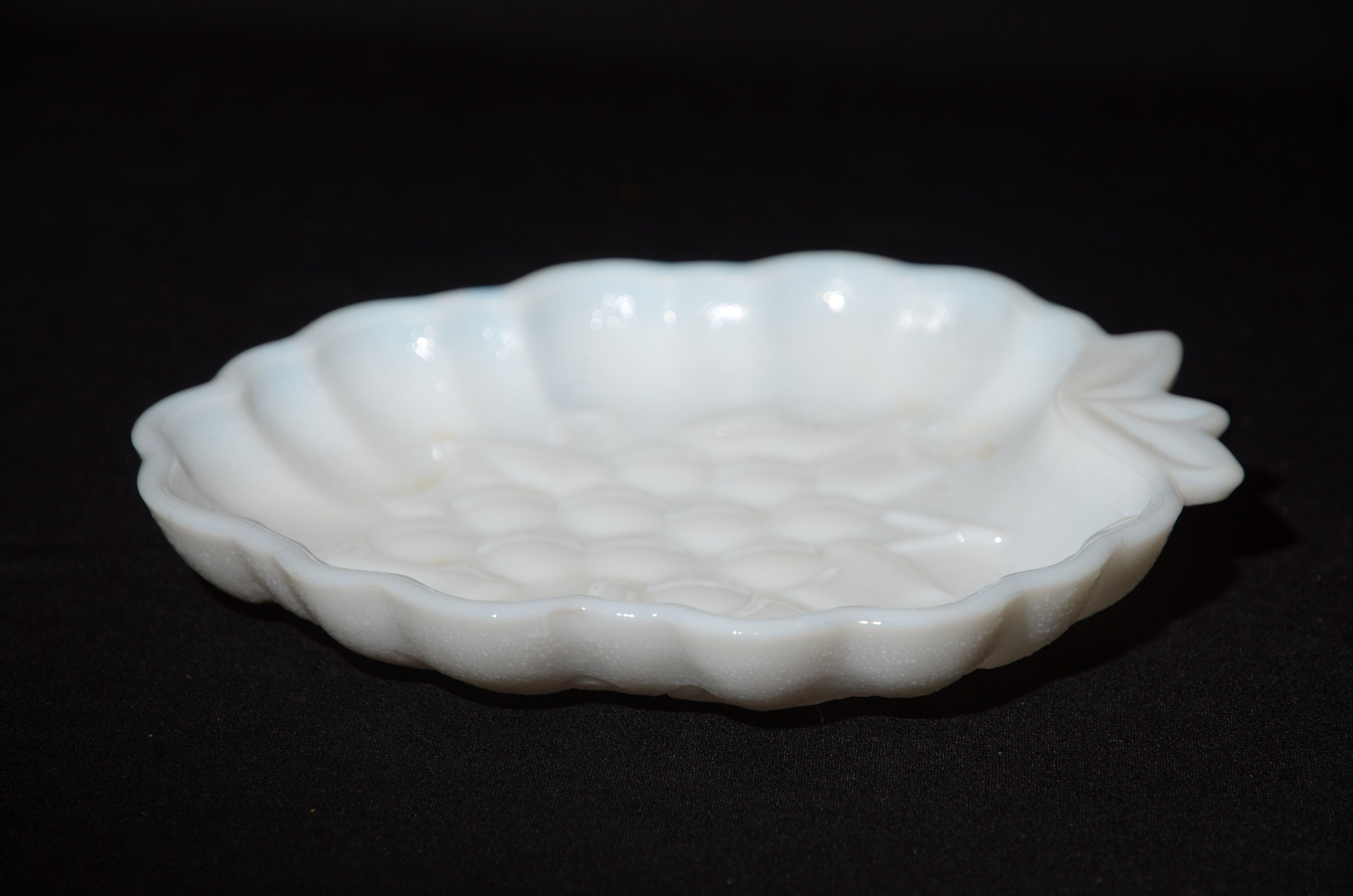 Vintage HAZEL ATLAS Milk Glass  candy dish Grape shapped embossed serving dish