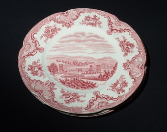 Vintage Johnson Bros Old Britain Castles set of 4 dinner plate 10 inches England red pink transferware Blarney castle in 1792