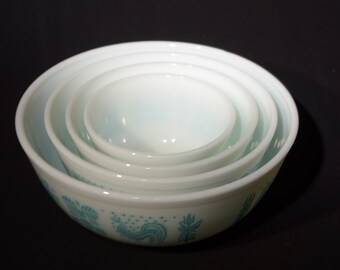 PYREX アーミッシュ バタープリント ターコイズボウル 4個セット 401