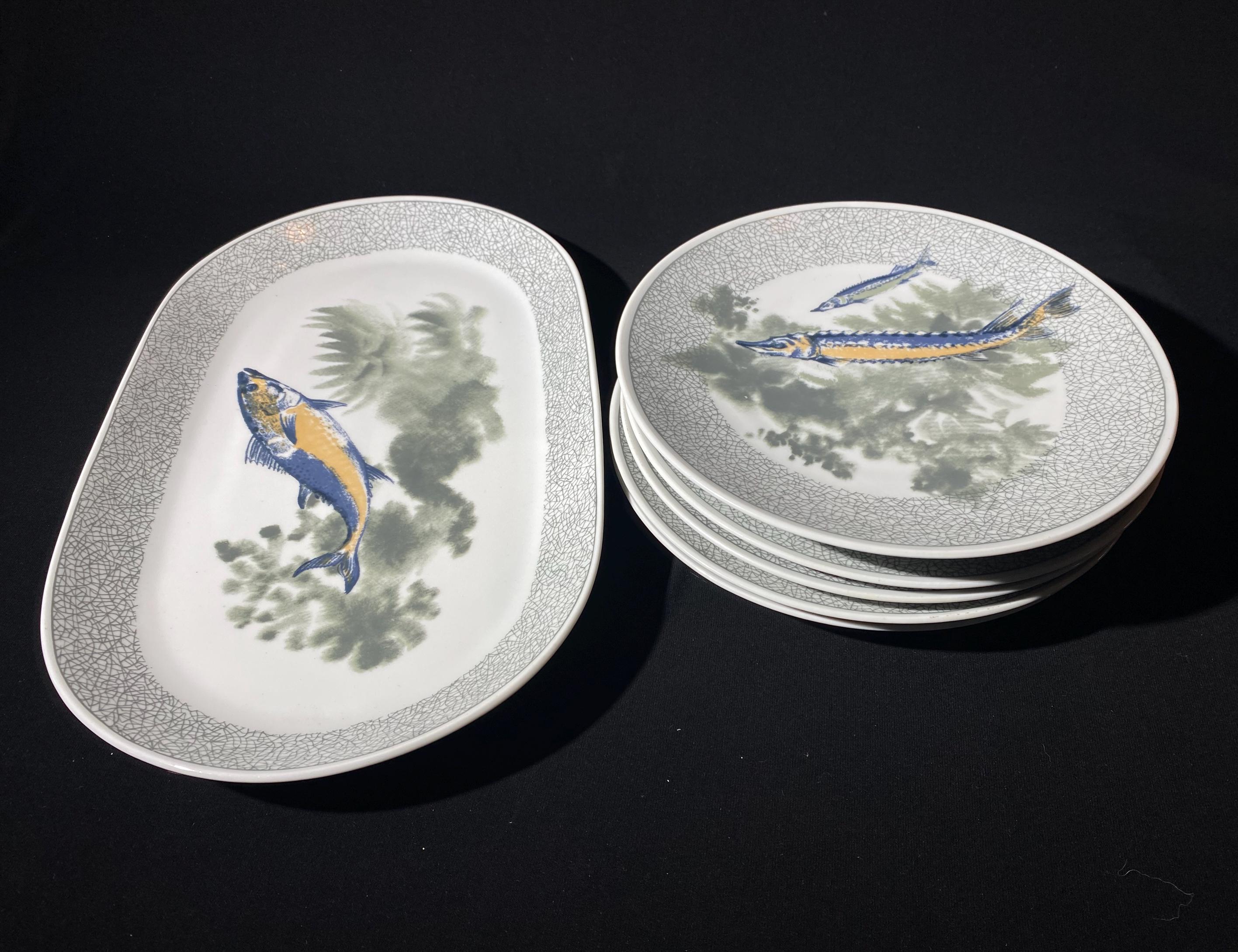 Vintage KAHLA 7 Piece Fish Set Serving Plate Platter Server 6