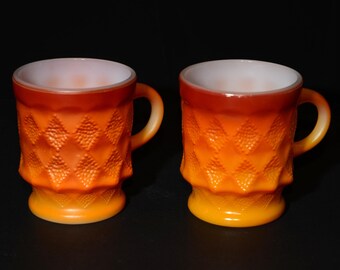 Set of 2 Vintage FIRE KING Kimberly Red Orange C handle Coffee mugs Tea Cups Milk glass great condition Anchor Hocking made in USA