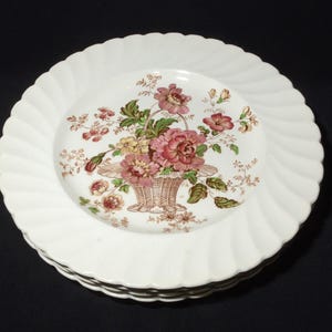 DAMAGED Royal Staffordshire Schnürsenkel Rose von Clarice Cliff 4er-Set Speiseteller 10 Zoll Bone China Swirl Rand Korb mit Blumen