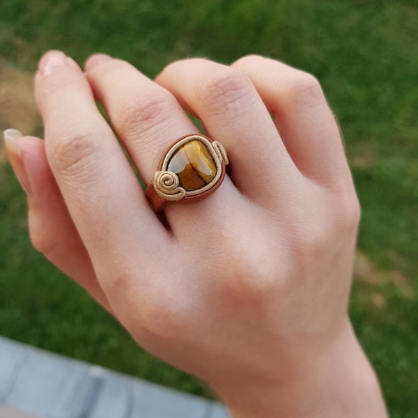 Leather Ring with natural stone Leather Jewelry with Tiger-eye/Jasper Exclusive jewelry Beautiful gift Gift for women Handmade