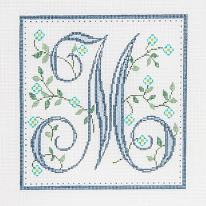 Handpainted Needlepoint Canvas, French Style Ribbon Monogram Letter &quot;M&quot;