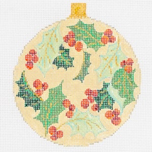 Hand Painted Needlepoint Ornament Canvas with Holly and Berries