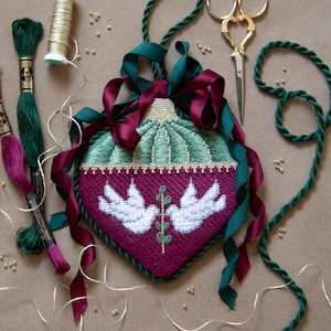 Handpainted Needlepoint Canvas Christmas Ornament with Peace Doves