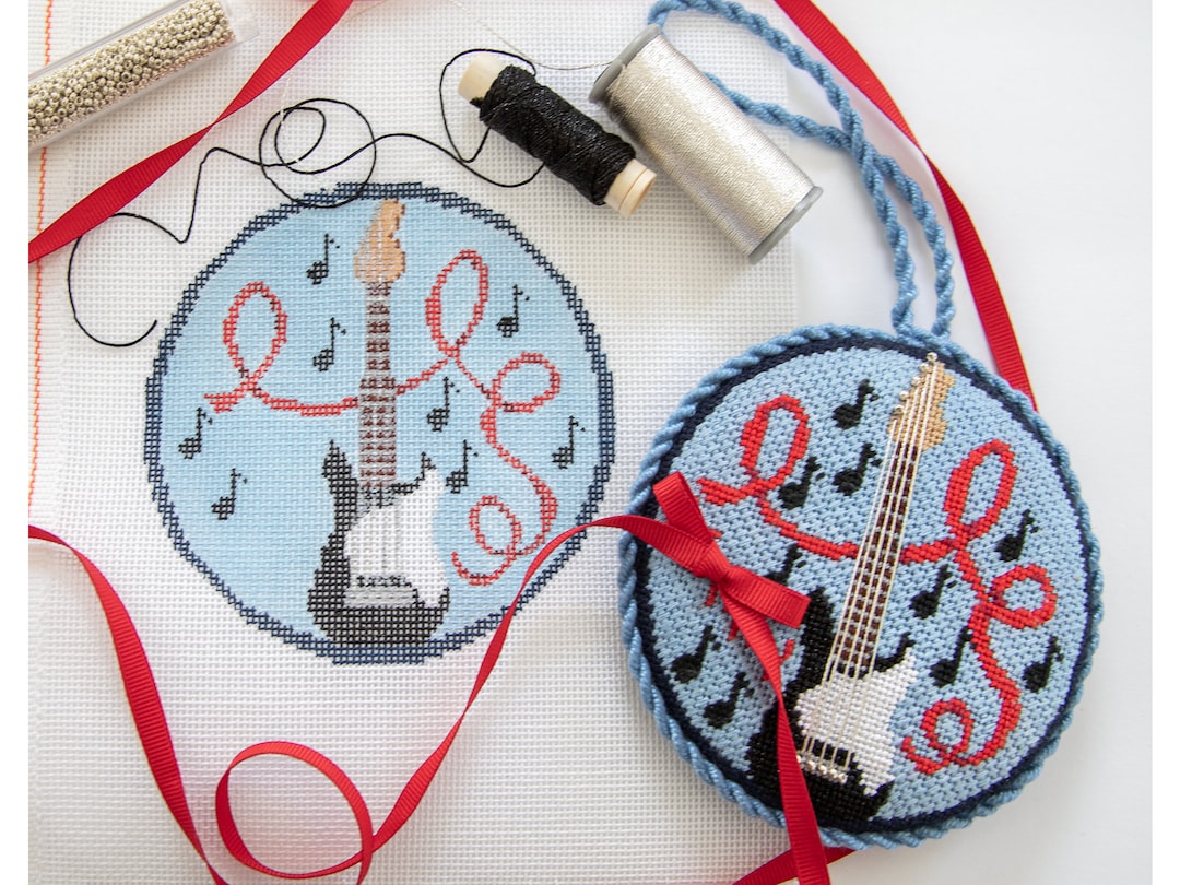 Handpainted Needlepoint Christmas Ornament Canvas With Guitar Etsy
