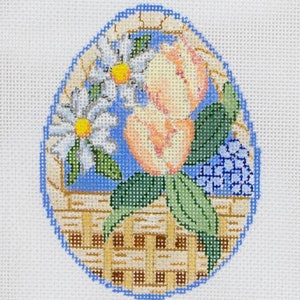 Hand Painted Needlepoint Easter Egg Needlepoint Canvas with Flowers and Basket