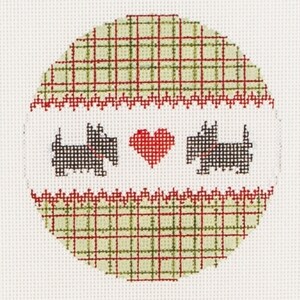 Hand Painted Needlepoint Canvas with Scotties, Heart and Plaid