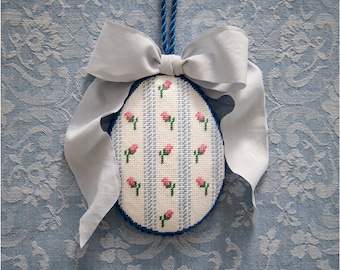 Handpainted Egg Shaped Needlepoint Canvas with Rosebuds and Ticking Stripe