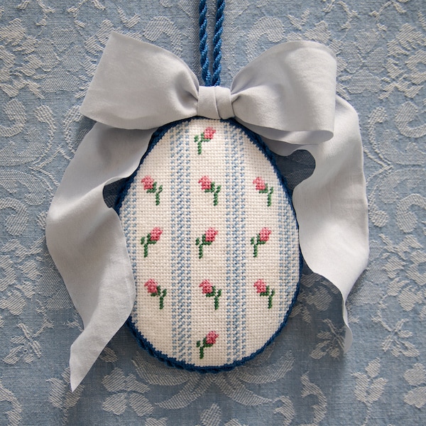 Handpainted Egg Shaped Needlepoint Canvas with Rosebuds and Ticking Stripe