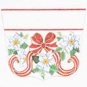 Hand Painted Christmas Stocking Cuff Needlepoint Canvas: Striped Bow & Flowers