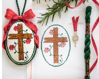 Handpainted Needlepoint Cross with Roses Christmas Ornament Canvas