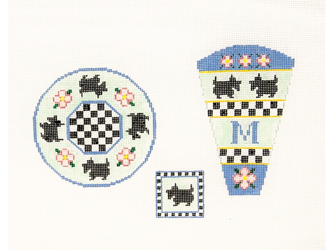 Handpainted Needlepoint Canvas Scottie Sewing Set With Pincushion Top