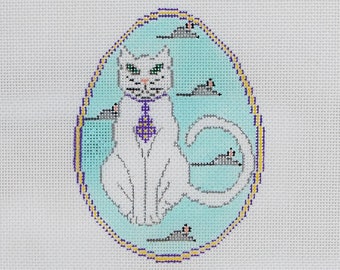 Hand Painted Cat Easter Egg Needlepoint Canvas with Mice