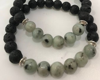 Naturliga svarta lava- och sesamjaspis ädelstensarmband/unisexarmband