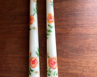 Pair of 10” Hand Painted Ivory Taper Candles - Garlands of Peach Roses and Rosebuds