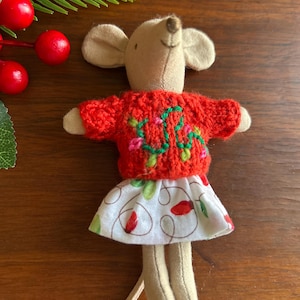 Little Sister Mouse Holiday Outfit-Hand Knit Sweater and handmade skirt festooned with Christmas tree lights for 4” Little Sister Mouse