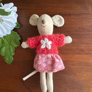 Little Sister Mouse Flower Deep Pink Hand Knit Sweater with Pink Print Hand Made  Skirt for 4” Little Sister Mouse
