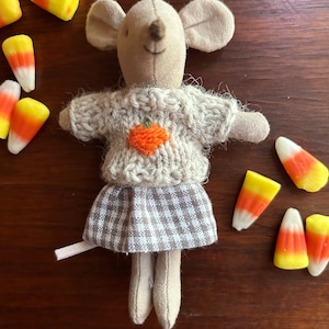 Little Sister Mouse Fall Outfit -Hand Knit  Sweater with Tiny Pumpkin and Handmade Plaid Skirt for 4” Little Sister Mouse