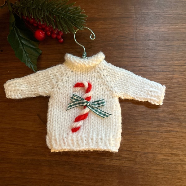 Candy Cane Hand Knit Mini Sweater Ornament