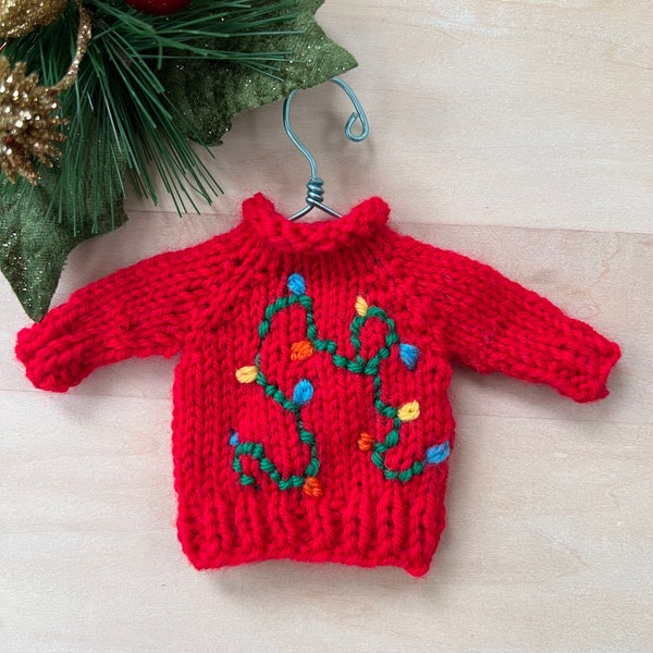 Christmas Tree Lights Hand Knit Mini Sweater Ornament Holiday Gift