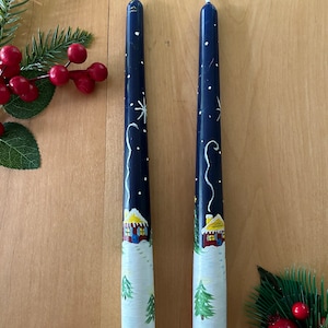 Pair of 10” Dark Blue Hand Painted Taper Candles -  Snowy Winter Night