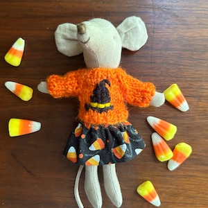 Little Sister Mouse Hand Knit Sweater with Witch’s Hat  and Handmade Skirt with Candy Corn for 4” Little Sister Mouse