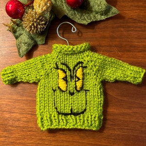 Grinch Hand Knit Mini Sweater Ornament
