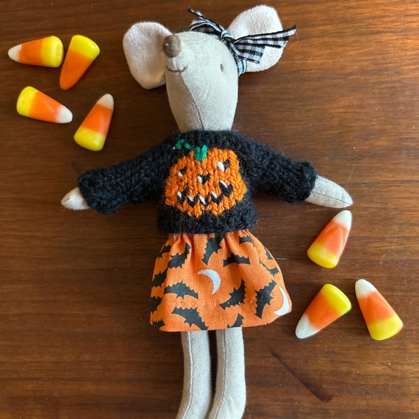 Big Sister Mouse Hand Knit Sweater with Halloween Jack o Lantern and Handmade Bat Print Skirt for 5” Big Sister Mouse