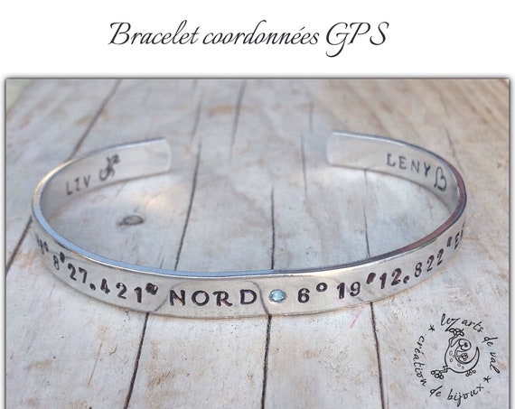 Bracelet jonc fin coordonnées GPS et strass en cristal Swarovski