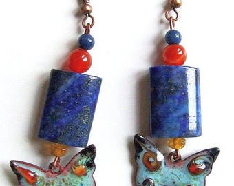 Ambachtelijke oorbellen, Boho chic, vlinder, hemelsblauw, email op koper, Lapis Lazuli, Carneool, Citrien, halfedelstenen