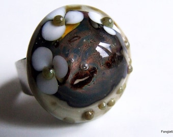 Handmade glass ring, aquarium ring, spun glass, flower ring, Murano handmade glass, silver plated adjustable ring
