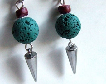 Man earring, single spike dangle earring, spike cone, spike, pirate rocker, green lava, pirate jewel, stainless steel