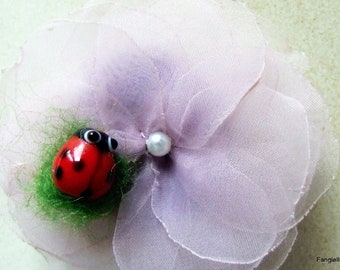 Handmade barrette, flower brooch, purple organza, ladybird jewel, red ladybird, handmade glass, unique model, original gift