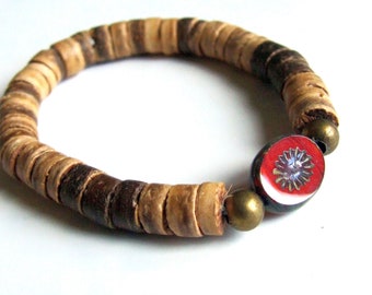 Summer man bracelet, unisex rustic nomad jewelry, natural coconut wood, red glass bead, surf jewelry, pirate jewelry, barbarian, biker